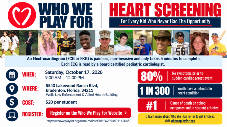 Infographic flyer depicting heart screening date/time information.